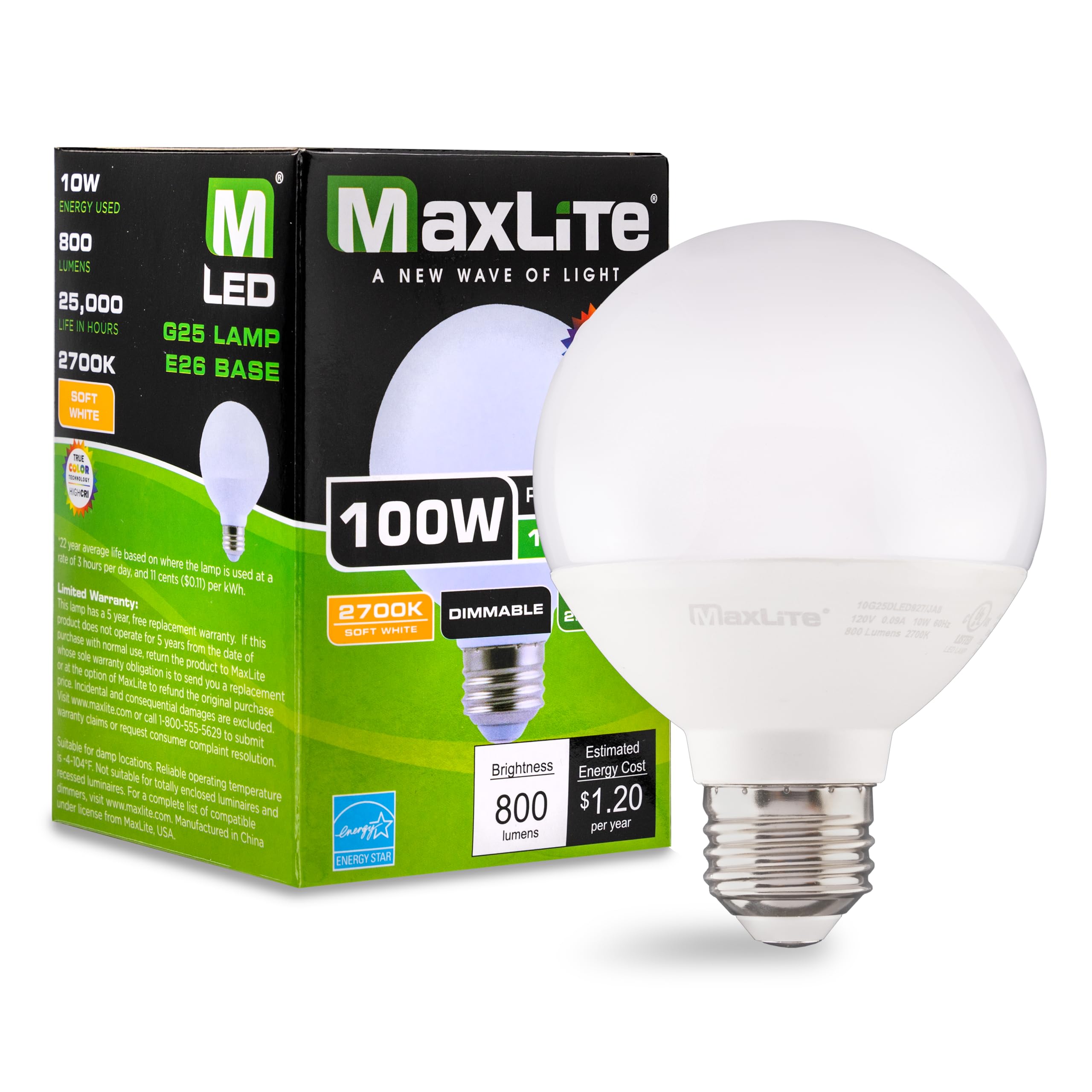 Maxlite 10G25DLED927/JA8 Dimmable 10W LED 2700K G25 Globe